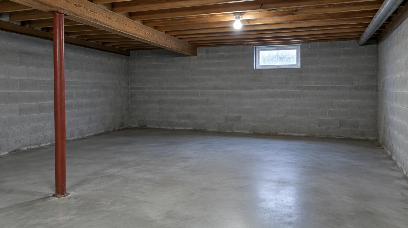 Basement storage room after clearing, emptied and swept
