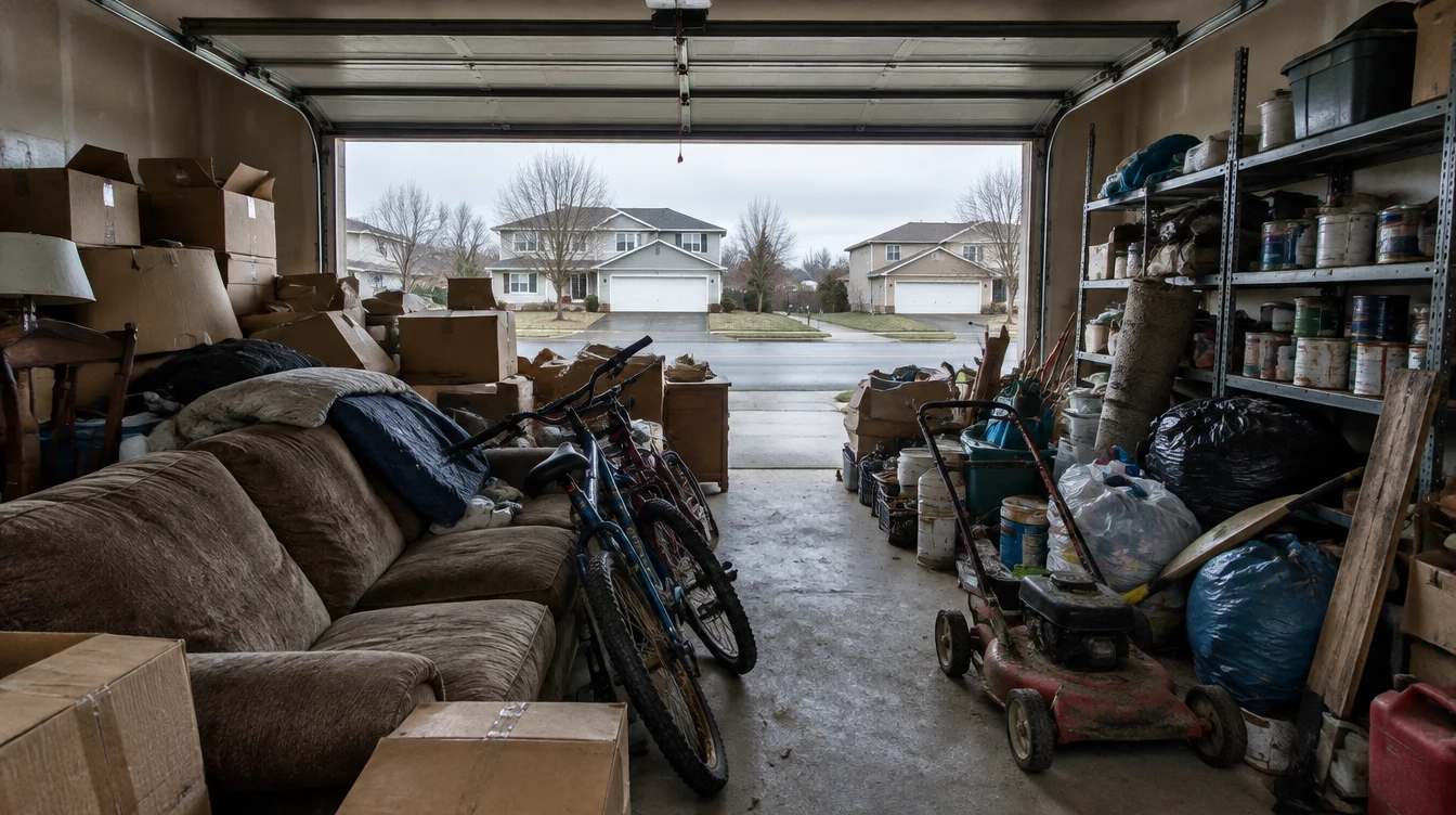 Garage before clearing, packed with a sofa, bikes, boxes and mower